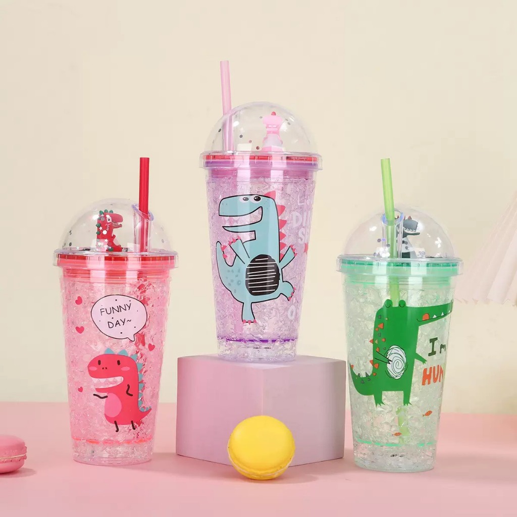 แก้วน้ำ ไดโนเสาร์ 450ml ลายการ์ตูน พร้อมหลอด ตกแต่งกากเพชร พร้อมส่ง