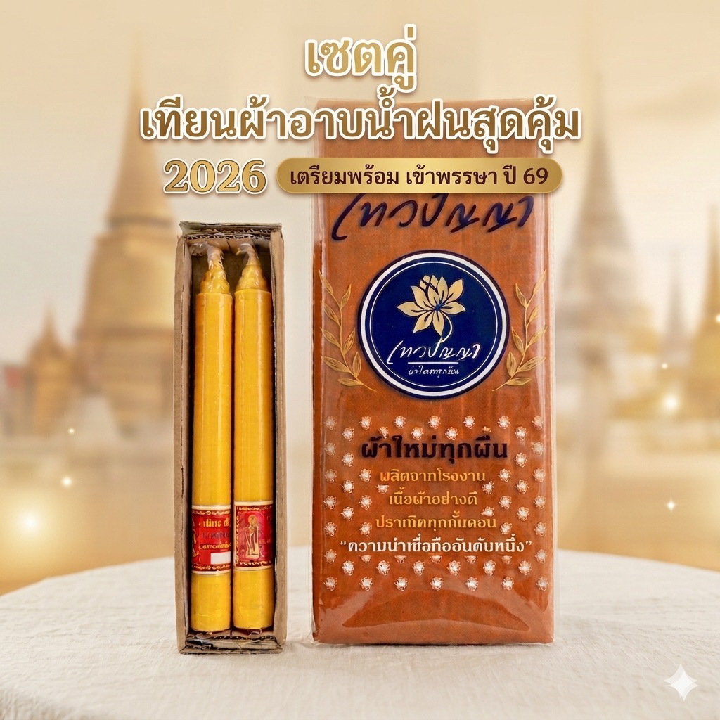 เทียนพรรษาเกรดAเซตคู่ผ้าอาบน้ำฝนเนื้อดีใช้ทำบุญเข้าพรรษาหรือทำบุญพิธีทางศาสนาต่างๆ