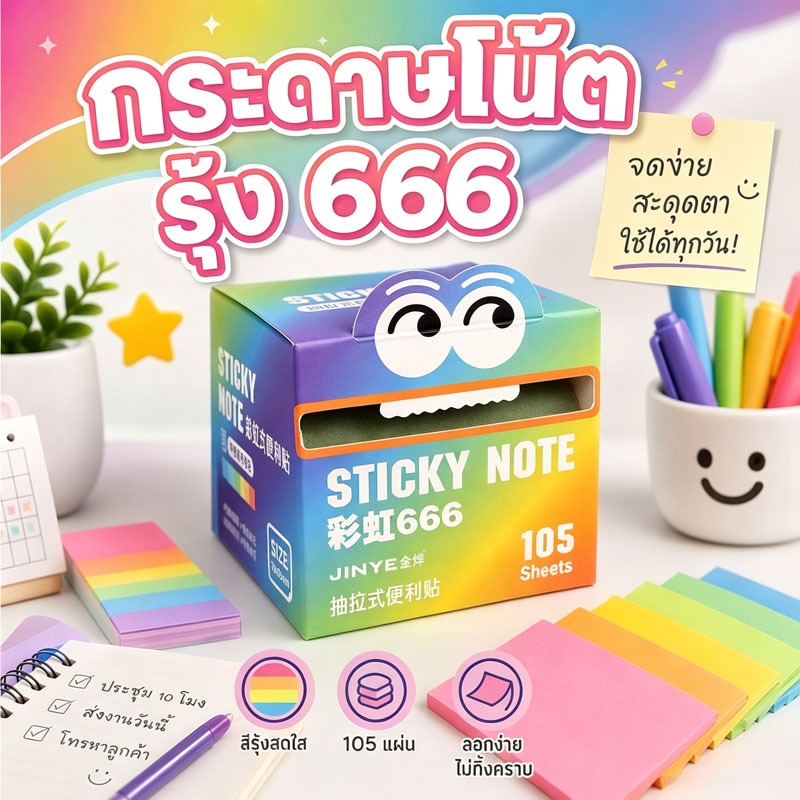 กระดาษโน้ตรุ้ง 666 แบบดึง น่ารัก ใช้งานง่าย ลอกไม่ทิ้งคราบ 105 แผ่น ลอกง่าย พกพาสะดวก