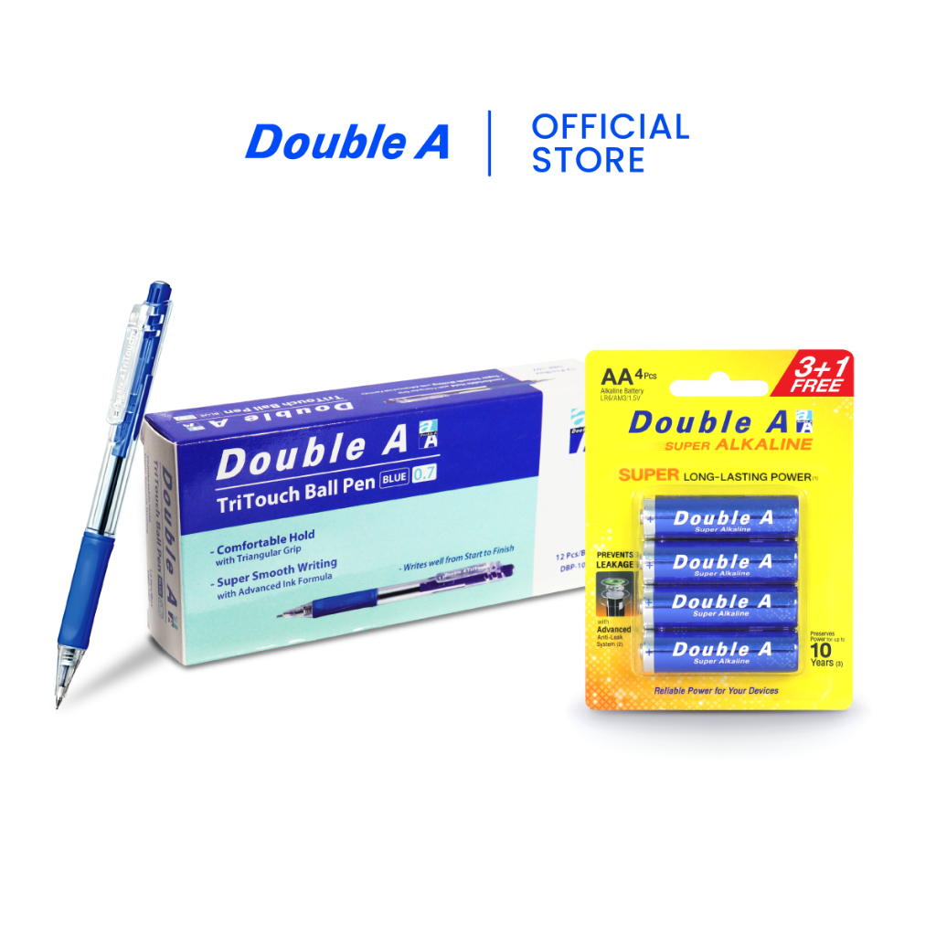 [เซตคู่] Double A TriTouch ปากกาลูกลื่นแบบกด 0.5 มม. หมึกน้ำเงิน จำหน่าย 12 ด้าม คู่ ถ่านอัลคาไลน์ 3+1 AA 1 แพ็ก