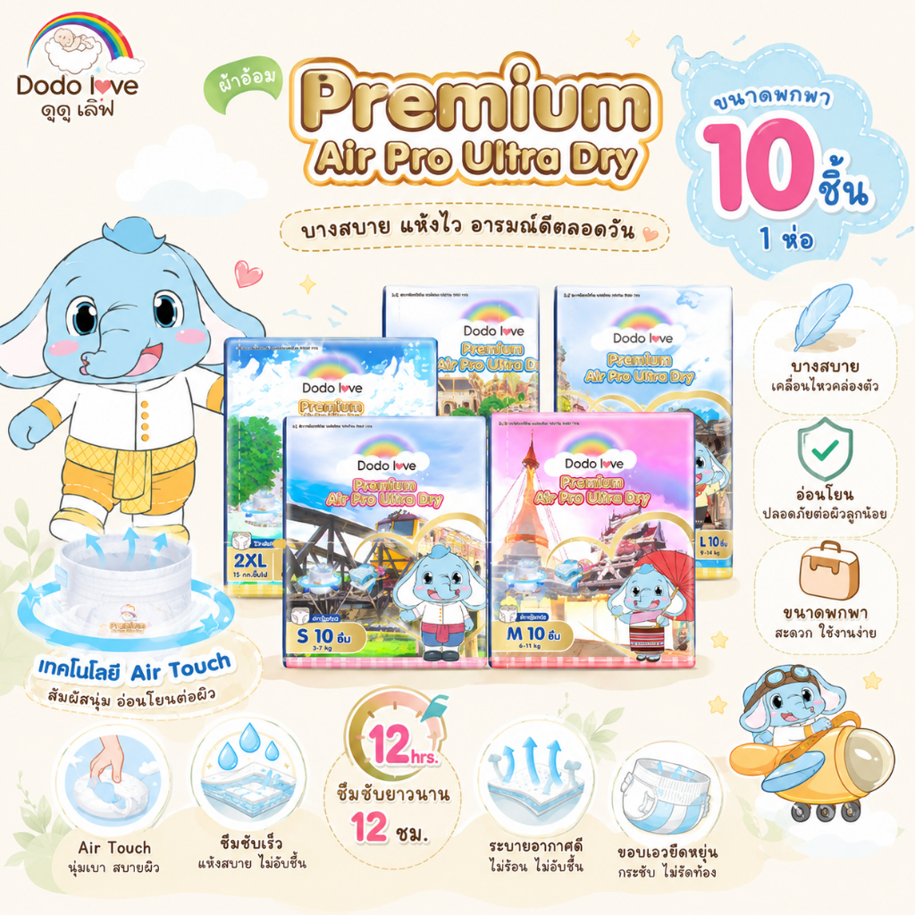 [ส่งด่วน] DODOLOVE กางเกงผ้าอ้อม พกพา รุ่น Premium Air Pro Ultra Dry นุ่มพิเศษ ซึมซับไว ระบายอากาศดีเยี่ยม ผ้าอ้อมเด็ก