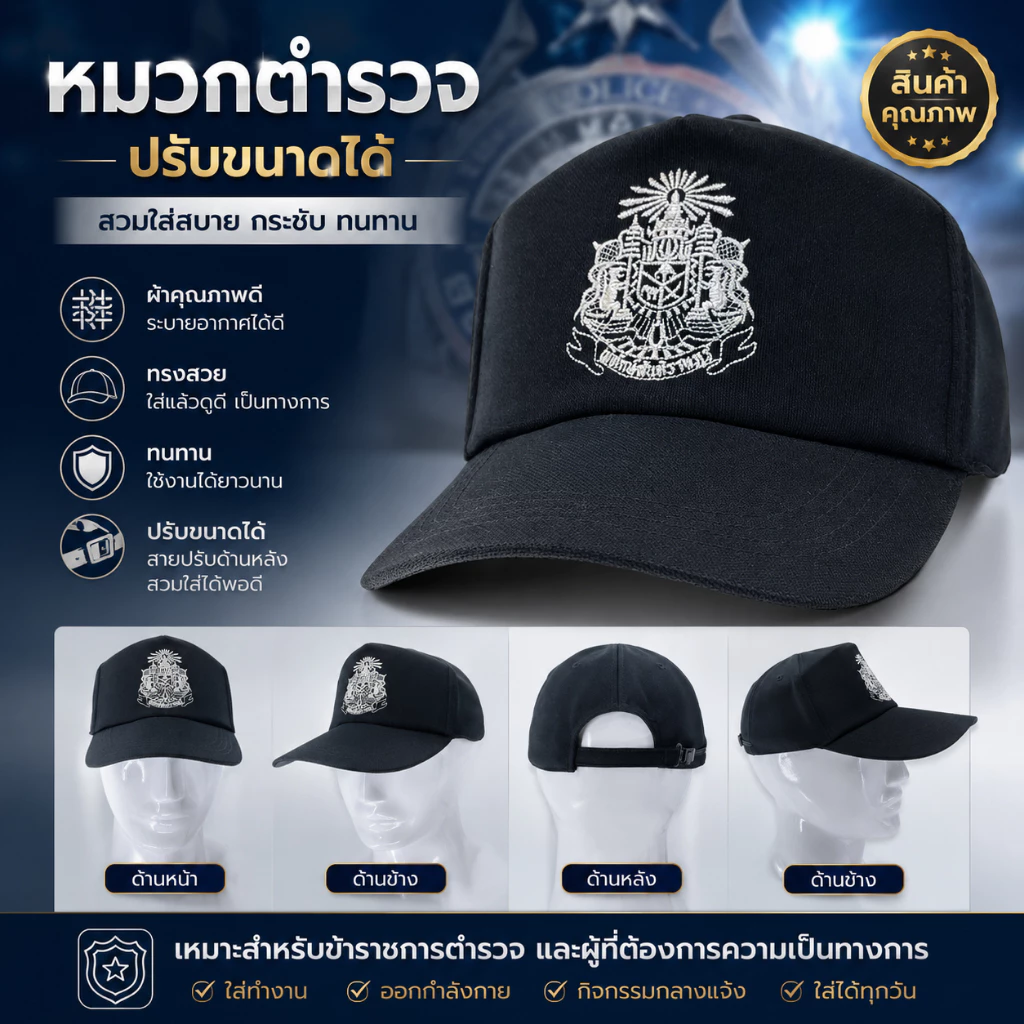 หมวก โปลิส งานปักตราแผ่นดิน ไหมดิ้นเงิน พรีเมี่ยม ปรับขนาดได้ (G28, 280)