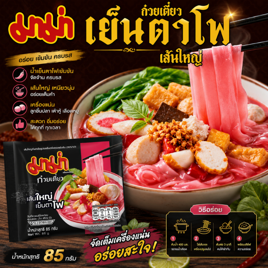มาม่า ก๋วยเตี๋ยว กึ่งสำเร็จรูป เส้นเล็กก๋วยเตี๋ยวเรือ เส้นใหญ่เย็นตาโฟซอสเข้มข้น แพ็ค 4 ซอง