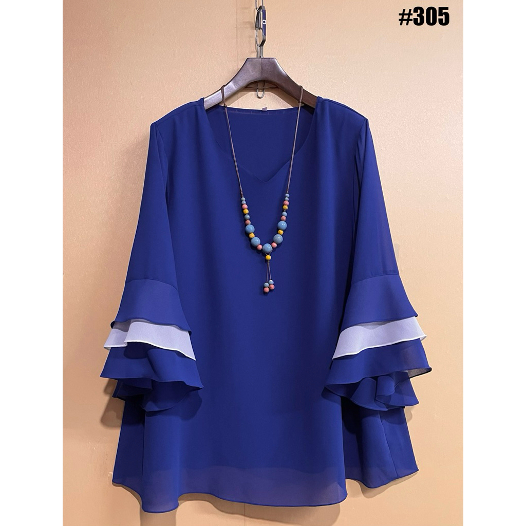 เสื้อชีฟอง (อก 50“-56"งานไทย)คอวีเหลี่ยม แขนระบาย3ชั้น ไซส์ใหญ่ รหัส#309