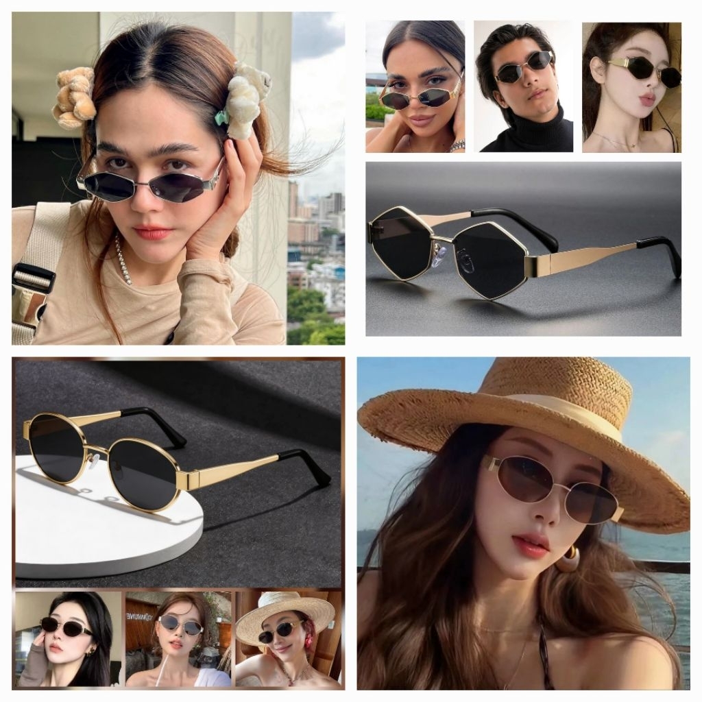 แว่นกันแดดทรงรี และ หกเหลี่ยม Vintage Luxury แว่นแฟนชั่น UV400 Street Premium กรอบโลหะ แว่นกันแดดสไตล์ยุโรป-เกาหลี