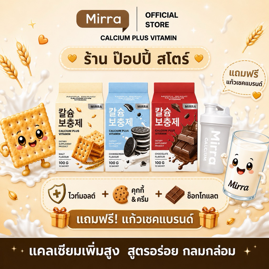 Mirra Calcium ตะกร้ารวมรสชาติ 3 รสชาติ ไวท์มอล ช็อค คุกกี้แอนด์ครีม
