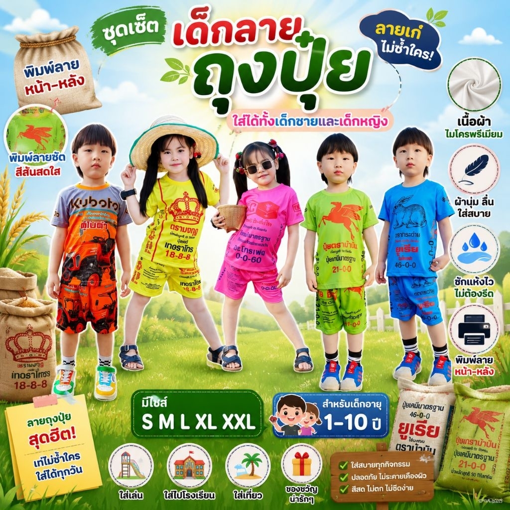 ชุดเด็กลายถุงปุ๋ย เสื้อแขนสั้นกางเกงขาสั้น ผ้าไมโคร(ผ้ามัน) พิมพ์ลายทั้งชุด