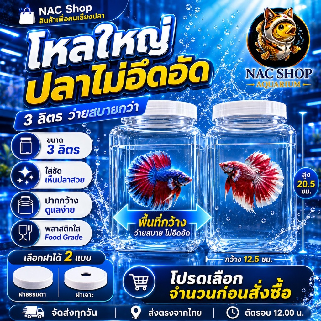 NAC.Shop โหลพลาสติกใส หน้าเรียบ แพ็ค 4 ใบ สำหรับเลี้ยงปลากัด โหลปลากัด อุปกรณ์ปลาสวยงาม เซตโคตรคุ้ม