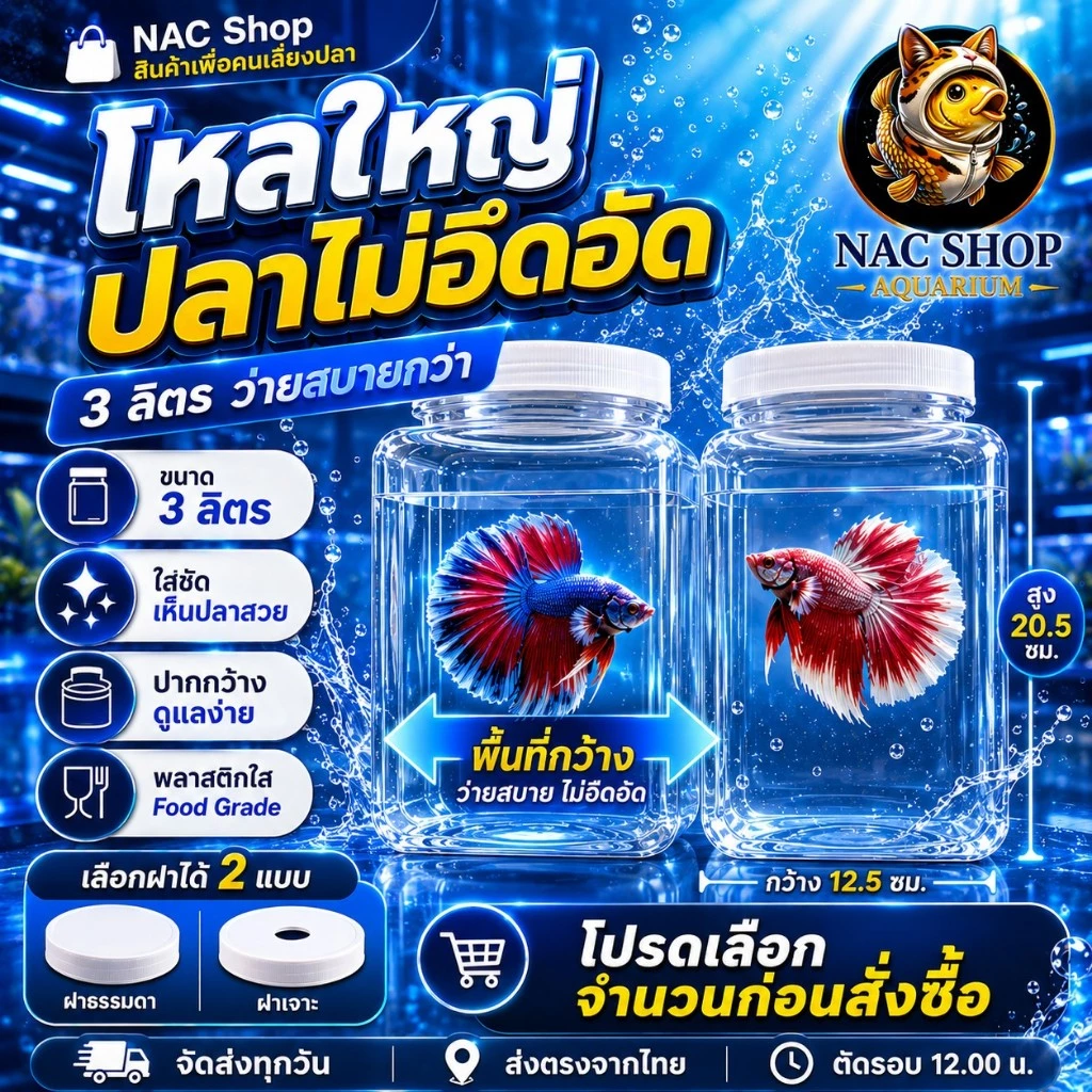 NAC.Shop โหลพลาสติกใส หน้าเรียบ แพ็ค 4 ใบ สำหรับเลี้ยงปลากัด โหลปลากัด อุปกรณ์ปลาสวยงาม เซตโคตรคุ้ม