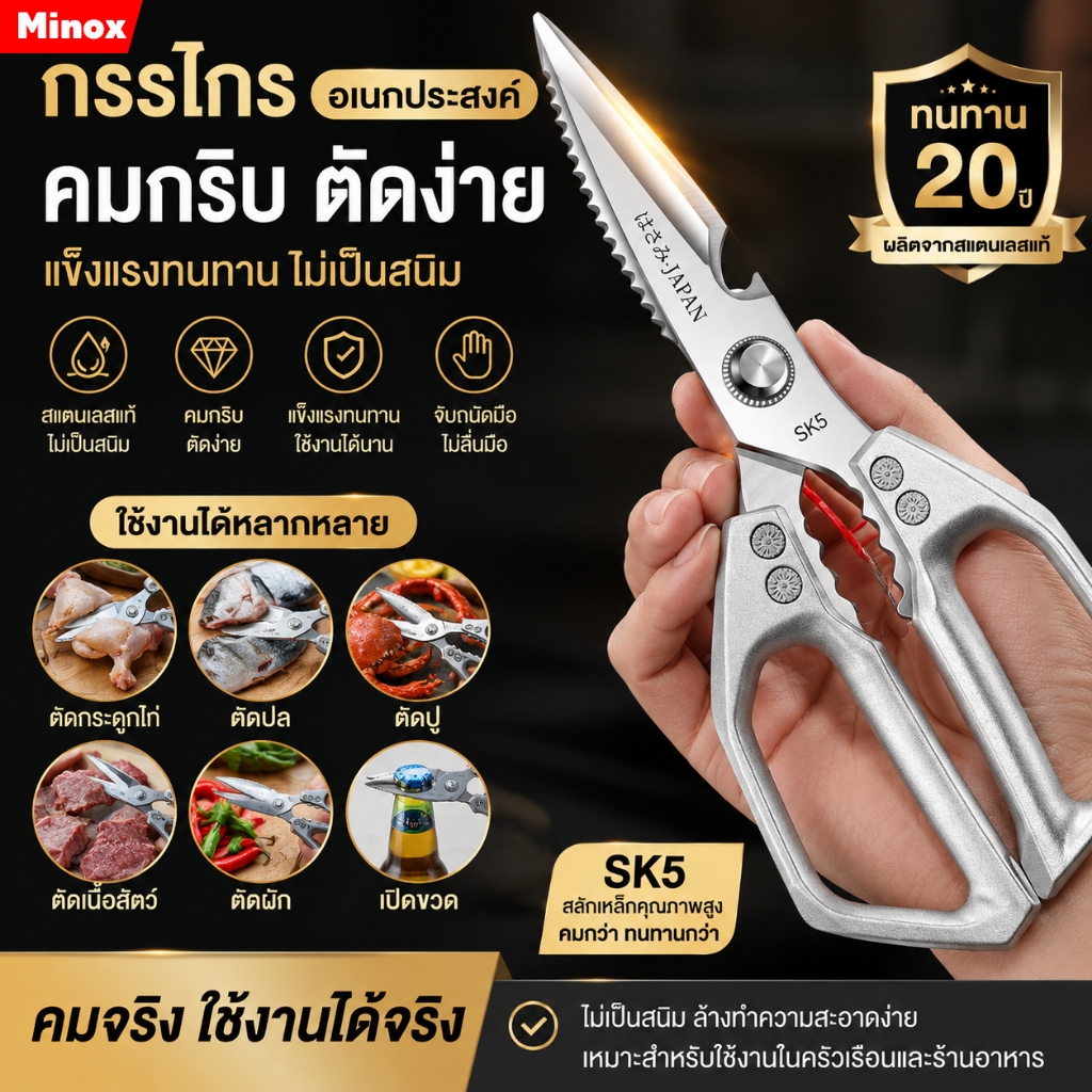 กรรไกรทำอาหาร กรรไกรตัดกระดูกไก่ กรรไกรตัดปู กรรไกรตัดกุ้ง เปิดฝาขวดได้มีเซฟตี้ล็อคอย่างดี