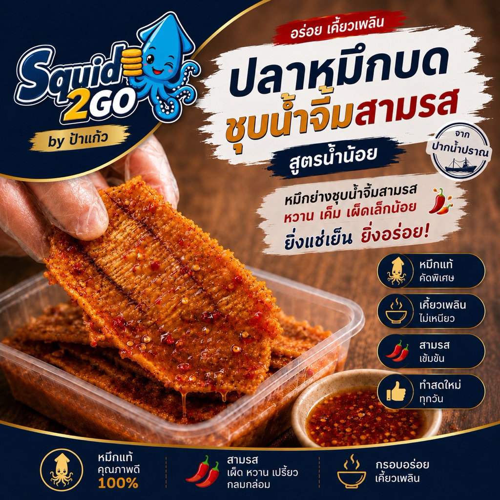 ปลาหมึกชุบน้ำจิ้มสามรส (สูตรน้ำน้อย) หมึกเชื่อมสามรส รสชาติกลมกล่อม หวานเค็มเผ็ดเล็กน้อย แช่เย็นยิ่งอร่อย