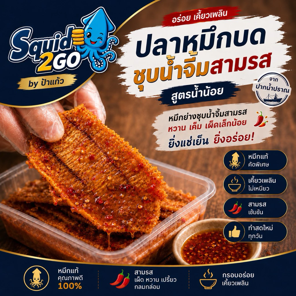 ปลาหมึกชุบน้ำจิ้มสามรส (สูตรน้ำน้อย) หมึกเชื่อมสามรส รสชาติกลมกล่อม หวานเค็มเผ็ดเล็กน้อย แช่เย็นยิ่งอร่อย