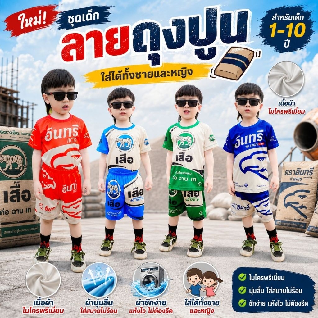 ชุดเด็กตามกระแส ลายถุงปูน เสื้อแขนสั้นกางเกงขาสั้น ผ้าไมโครเนื้อเรียบ พิมพ์ลายทั้งชุด