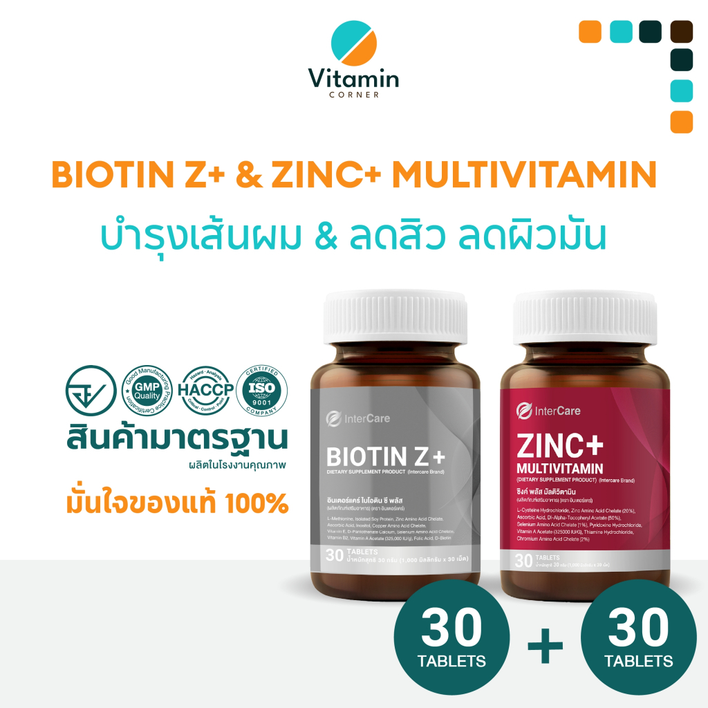 Vitamin_Conner อาหารเสริม Biotin + Zinc+  เซตคู่ 30+30 เม็ด บำรุงเล็บ ผิว ลดการเกิดสิว InterCare