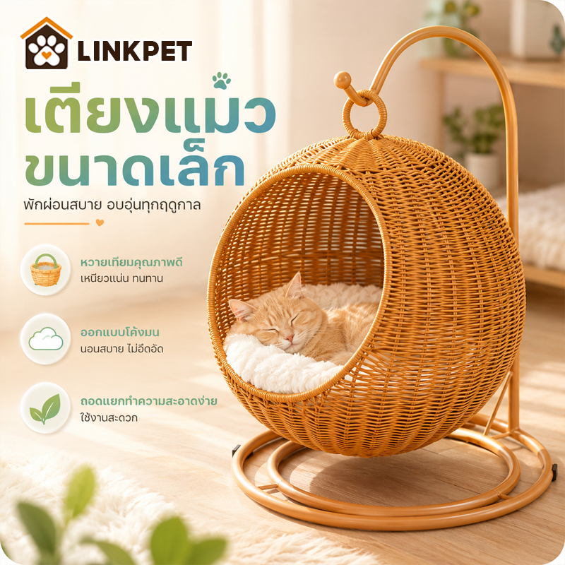 บ้านแมวหวาย ตะกร้าแมว เปลแมว ตะกร้าแขวน กึ่งปิด วัสดุธรรมชาติ ระบายอากาศดี สำหรับลูกแมว