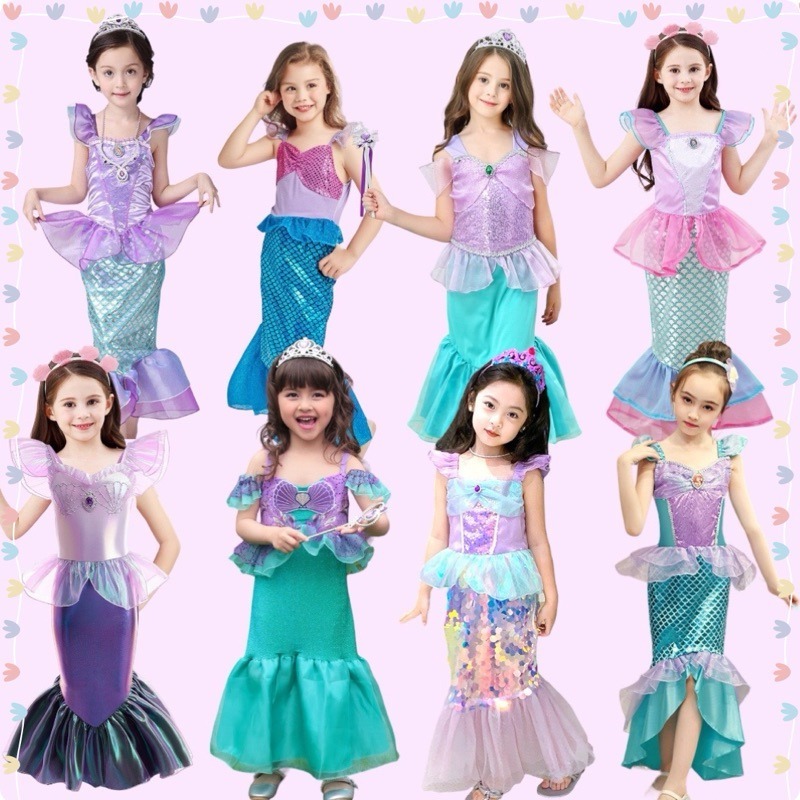 ชุดเดรสเจ้าหญิงเงือกสำหรับเด็ก ลวดลายเกล็ดปลาไล่ระดับสีธีมทะเล ชุดคอสเพลย์สำหรับงานวันเกิด