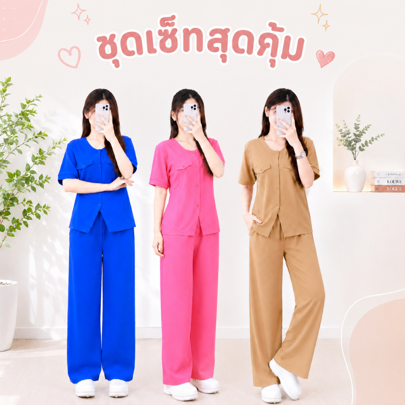 ชุดเซ็ทผู้หญิง เสื้อคอกลม แขนสั้น กระดุมหน้า กางเกงขายาว ทรงขากระบอก ผ้าวูลเวฟ เนื้อผ้านิ่ม ใส่แล้วดูเพรียว c4435#