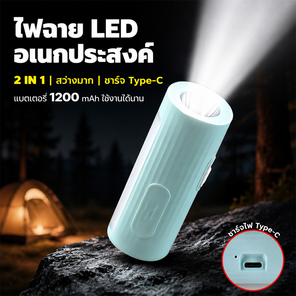 ไฟฉายLED พกพาสะดวก 2in1 ปรับไฟตั้งโต๊ะ/ไฟพกพา 1200mAh 2W พร้อมชาร์จ Type-C