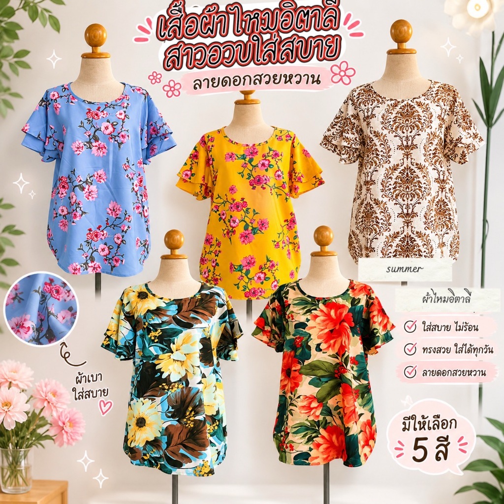เสื้อสาวอวบผ้าไหมอิตาลี สาวอวบฟรีไซส์ Freesize มี 2 ไซส์ ใส่ได้ถึง อก 40 และ 42 KD035