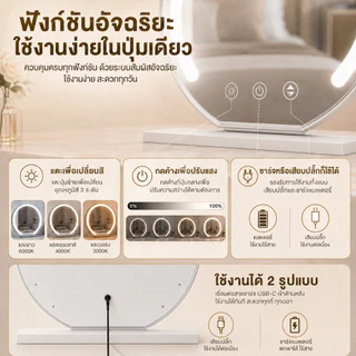 KATIFIA กระจกแต่งหน้า 60/50/40cm กระจกมีไฟ LED กระจกครึ่งวงกลมขนาดใหญ่ ปรับได้3สี อินเตอร์เฟซยูเอสบี