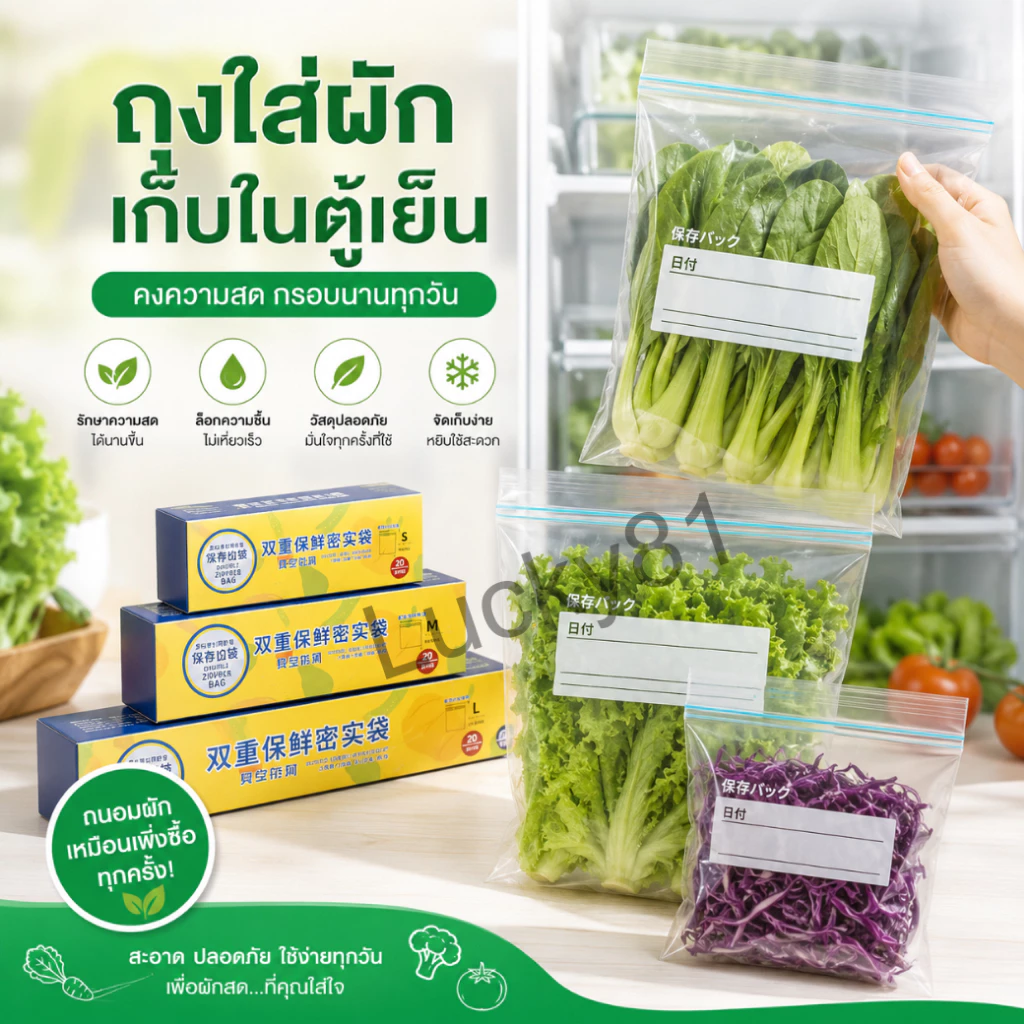ถุงเก็บผักในตู้เย็น ถุงซิปล็อกถนอมอาหาร เก็บผักผลไม้ กันชื้น กันกลิ่น มีหลายขนาด