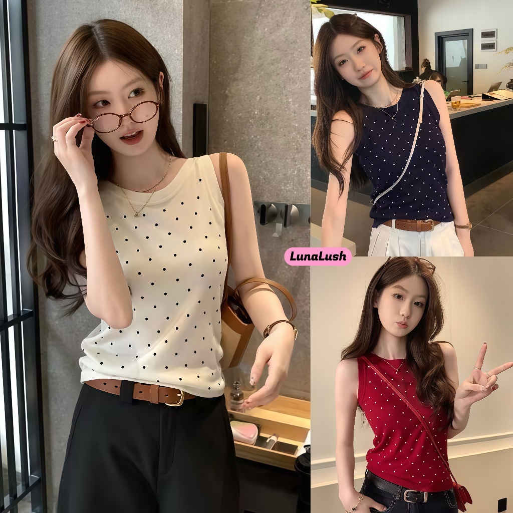 LunaLush พร้อมส่ง เสื้อกล้ามไม่มีแขน คอกลม ลายจุด ทรงรัดพอดี ผ้าใส่สบาย มาใหม่ -X055
