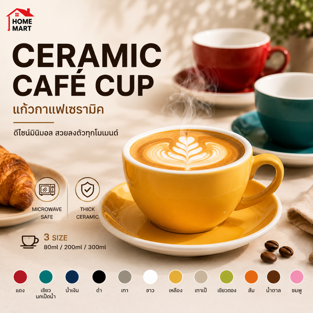 <ใบกำกับภาษี> แก้วกาแฟ เซรามิค ขอบขาว ชุดแก้วกาแฟ 80 / 200 / 300 mL สำหรับ ร้านอาหาร ร้านกาแฟ