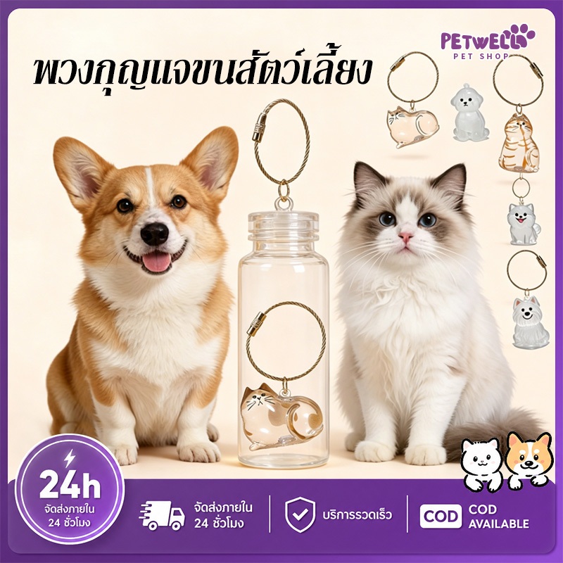 PETWELL ขวดเก็บขนแมว จี้กล่องเก็บขนแมวแบบใสแบบ พวงกุญแจจี้ที่ระลึก พวงกุญแจแมวใส