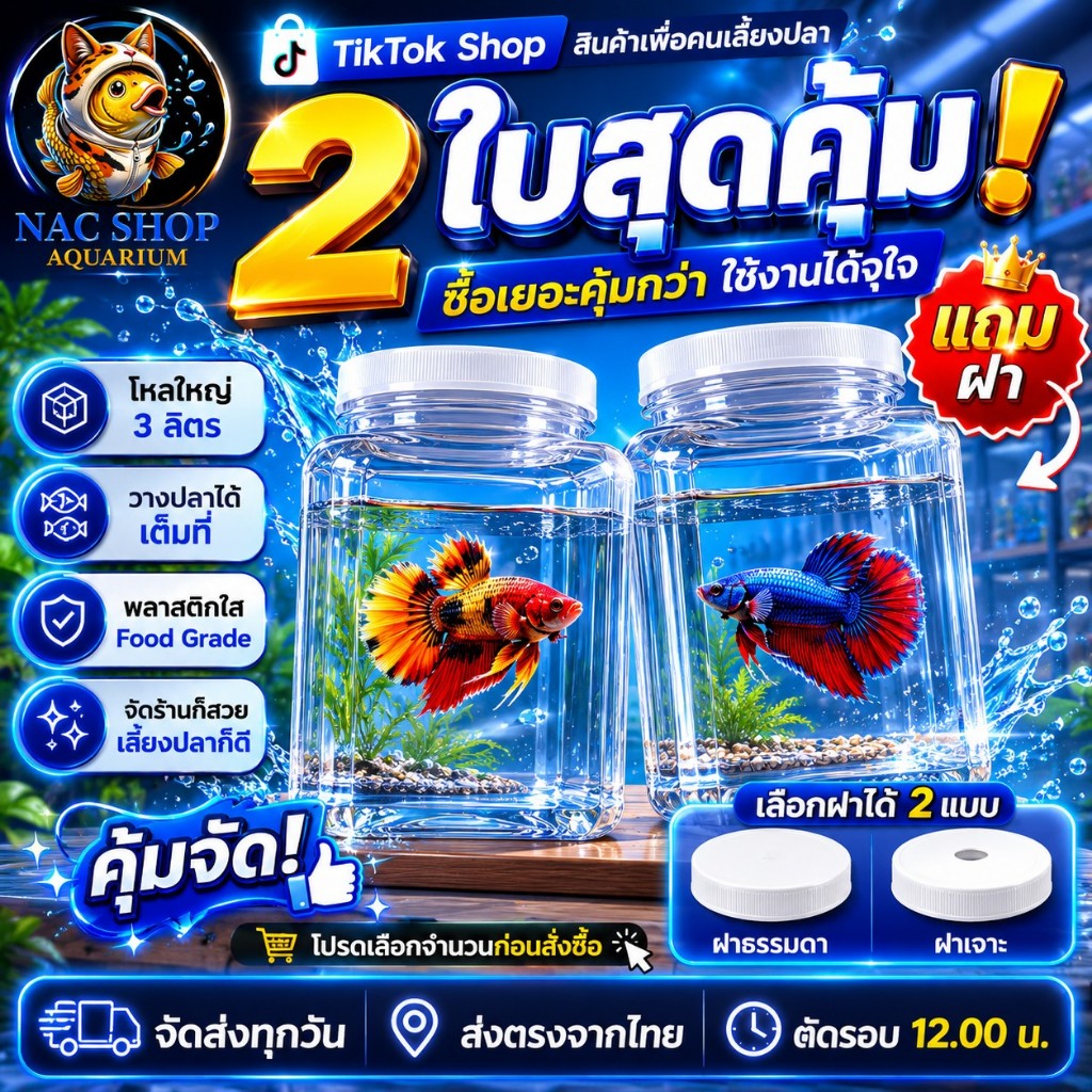 NAC.Shop โหลพลาสติกใส หน้าเรียบ บรรจุ 2 ใบ แถมฝา  โหลปลากัด เหมาะสำหรับเลี้ยงปลากัด ไม่มีรอยต่อ