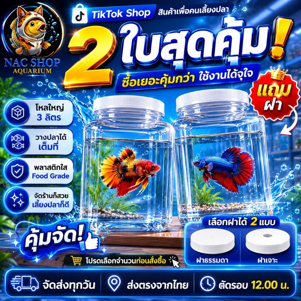 NAC.Shop โหลพลาสติกใส หน้าเรียบ บรรจุ 2 ใบ แถมฝา โหลปลากัด เหมาะสำหรับเลี้ยงปลากัด ไม่มีรอยต่อ