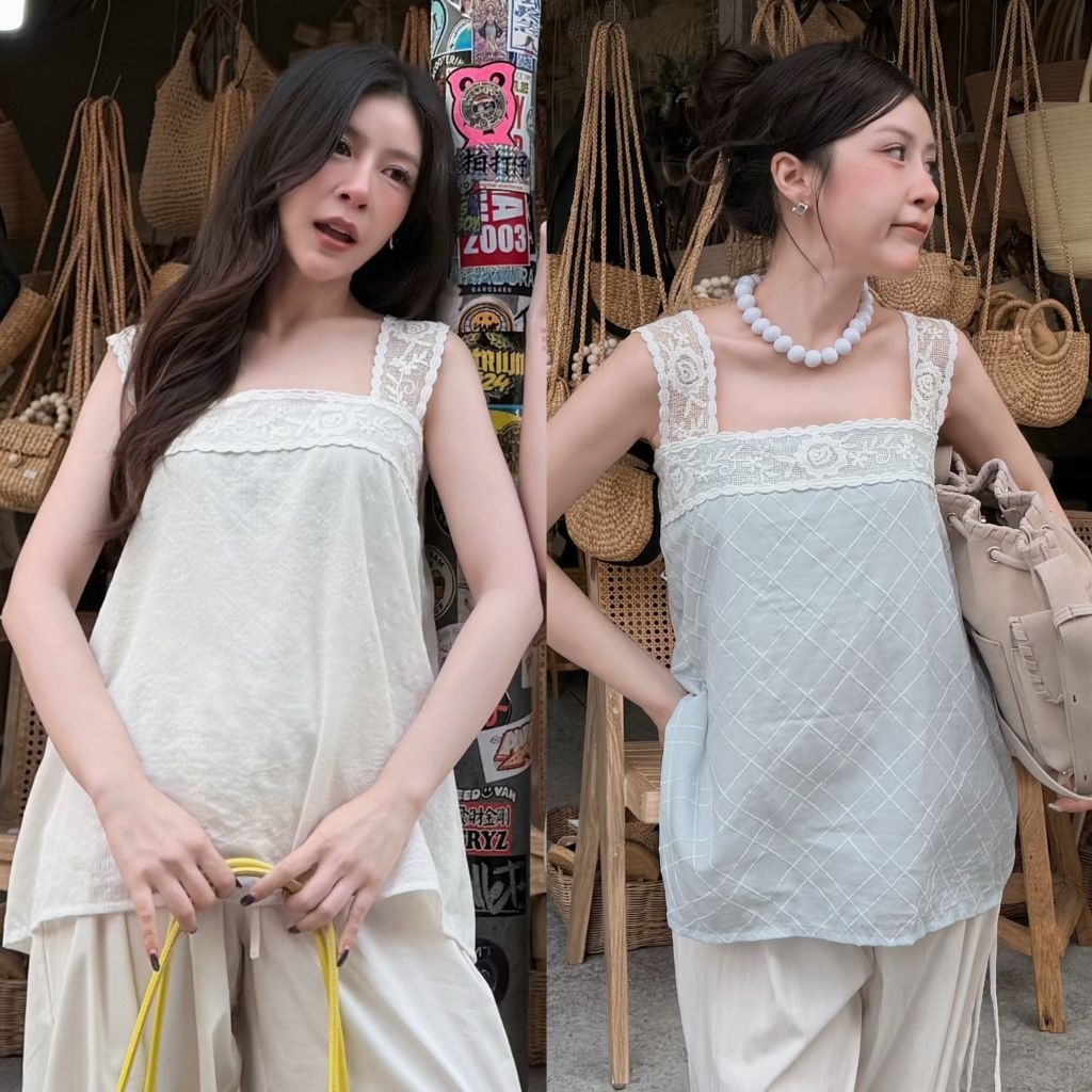 พรีออเดอร์ไม่เกิน10วัน เสื้อสายเดี่ยว สายลูกไม้ใหญ่ ผ้าลายตาราง