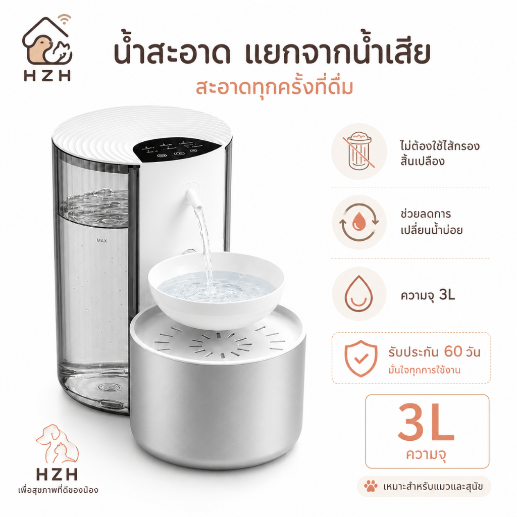 ใหม่ 2025 3000ML เครื่องดื่มน้ำอัตโนมัติของสัตว์เลียง ที่ให้น้ำอัตโนมัติ ถังให้น้ำสัตว์เลี้ยง ระบบกรอง เหมาะสำหรับแมว