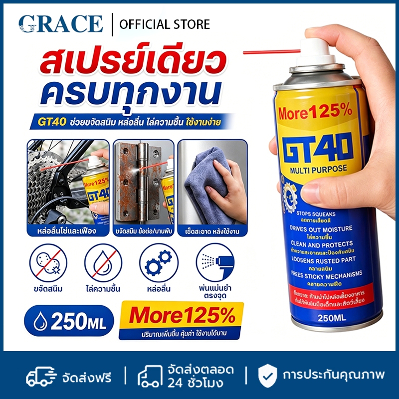 GRACE น้ำยาขจัดสนิม GT40 250ML ขัดและทำความสะอาดผิวโลหะ สเปรย์หล่อลื่นและป้องกันสนิม Rust remover COD