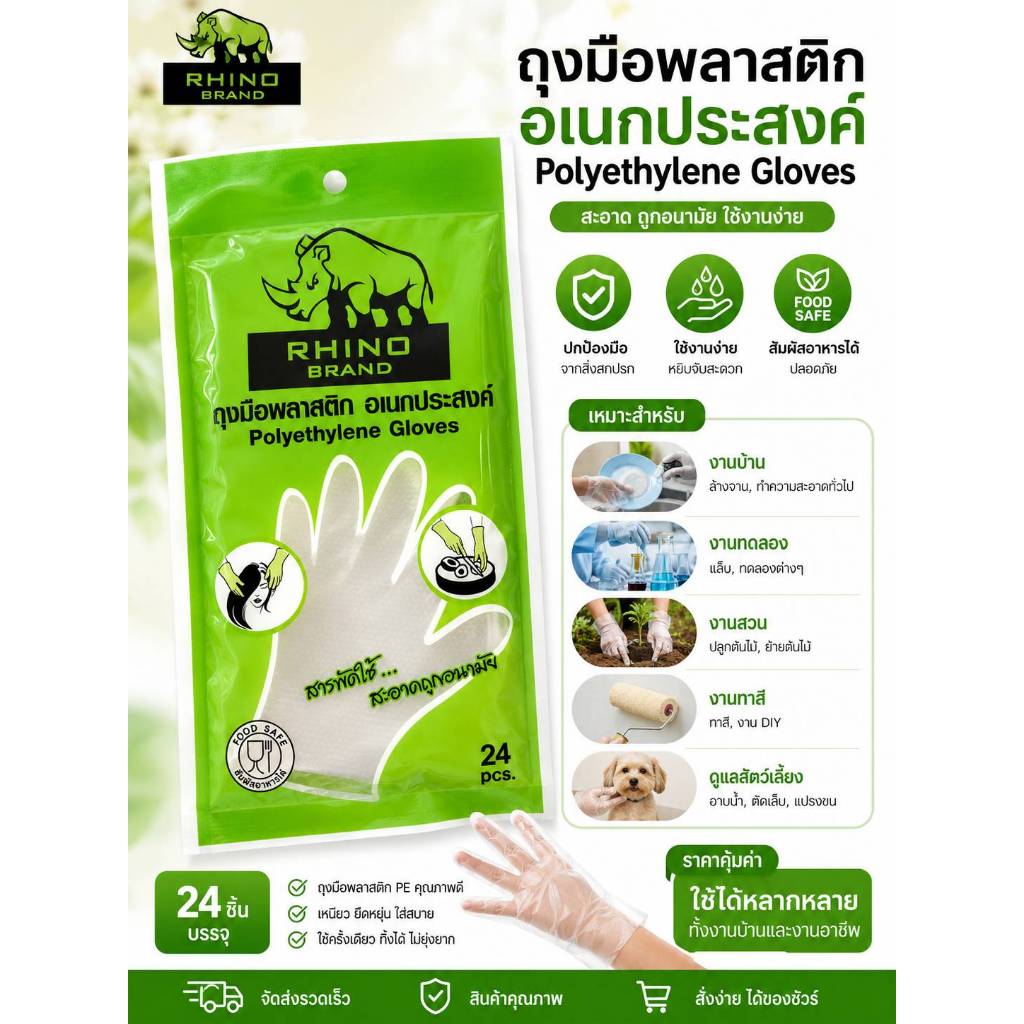 Rhino ถุงมืออเนกประสงค์ ตราแรด ทำจากยางธรรมชาติ 100% ทนทาน ยืดหยุ่นสูง ป้องกันสารเคมีและน้ำยาทำความสะอาด