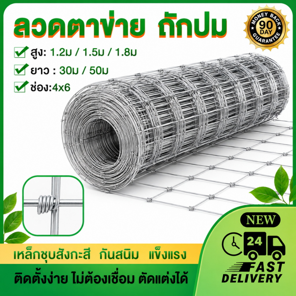 รั้วตาข่ายเหล็กถัก กันสนิมทนทาน ยาว30-50ม. สูง1.2 1.5 1.8ม. สำหรับรั้วฟาร์ม คอกสัตว์