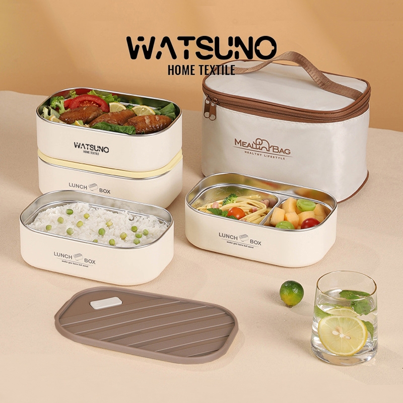 Watsuno.304 กล่องข้าวพกพา กล่องข้าวสเตนเลส กล่องอาหารพกพา รักษาฉนวนกันความร้อน วัสดุฟู้ดเกรด ปลอดภัย เข้าไมโครเวฟได้