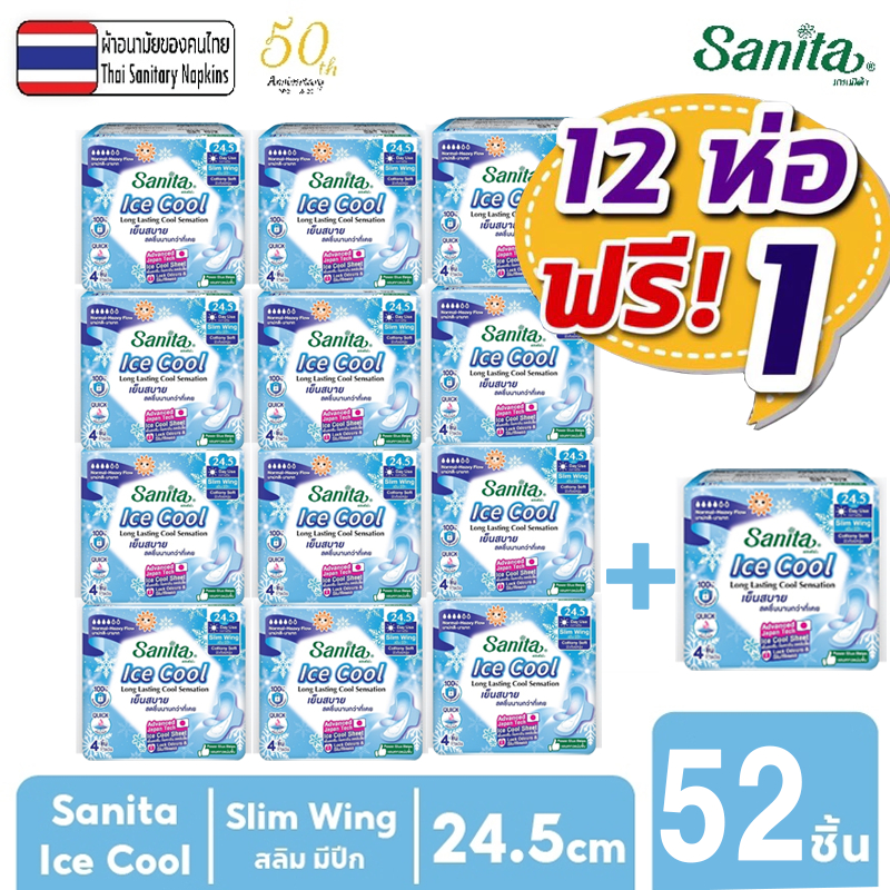 ❄️[แพ็ค X 13ห่อ]❄️Sanita Ice Cool/แซนนิต้า ผ้าอนามัย ไอซ์ คูล สัมผัสนุ่ม สลิม มีปีก 24.5ซม. 4ชิ้น/ห่อ