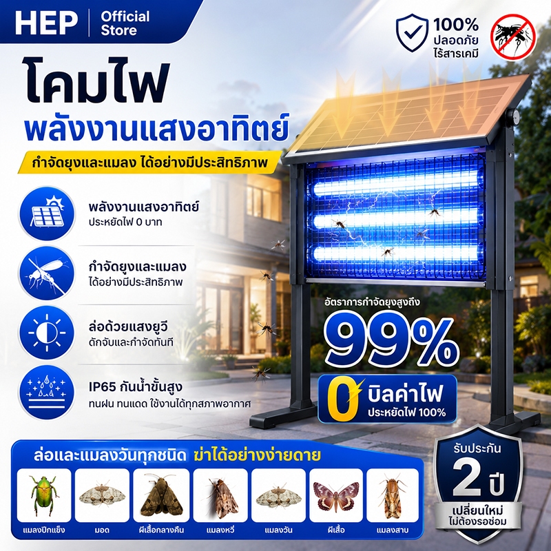 HEP พลังงานแสงอาทิตย์ฆ่ายุงโคมไฟ IPX6 เกรดกันน้ำกันแดดกันฝนในร่มและกลางแจ้งมีทั้งหมด