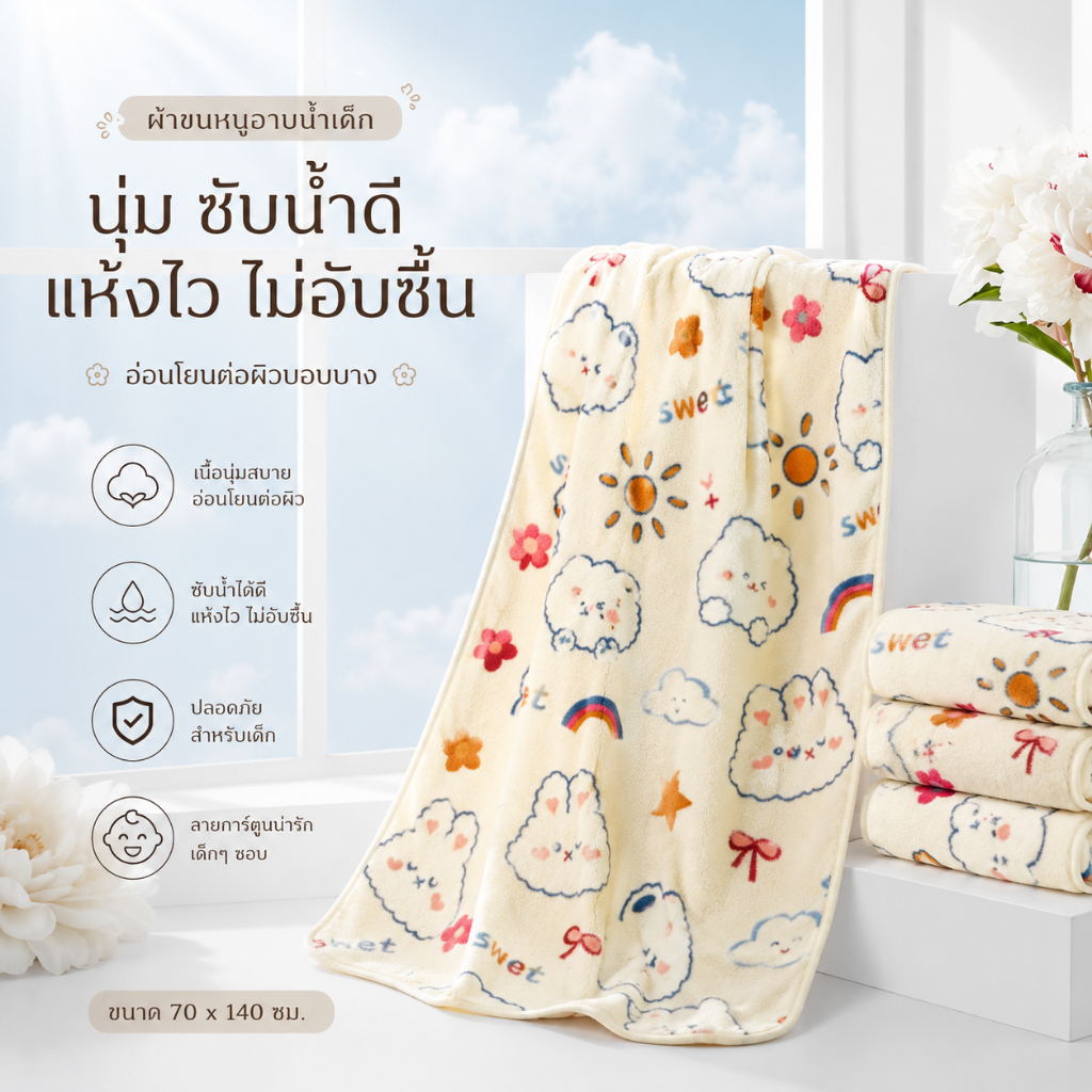 【รุ่นใหม่】ผ้าขนหนูอาบน้ำ ลายการ์ตูน ไซส์ใหญ่ 140*70 ไมโครไฟเบอร์ ดูดซับน้ำได้ดี แห้งเร็ว นุ่ม ไม่หลุดร่วง สีไม่ตก