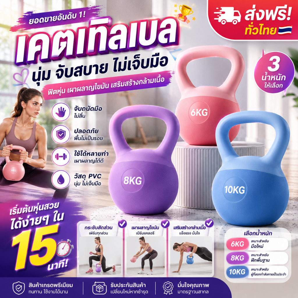 ดัมเบลเคตเทิลเบล PVC นุ่ม 6KG 8KG 10KG อุปกรณ์ฟิตเนส ออกกำลังกายที่บ้าน ส่งฟรี