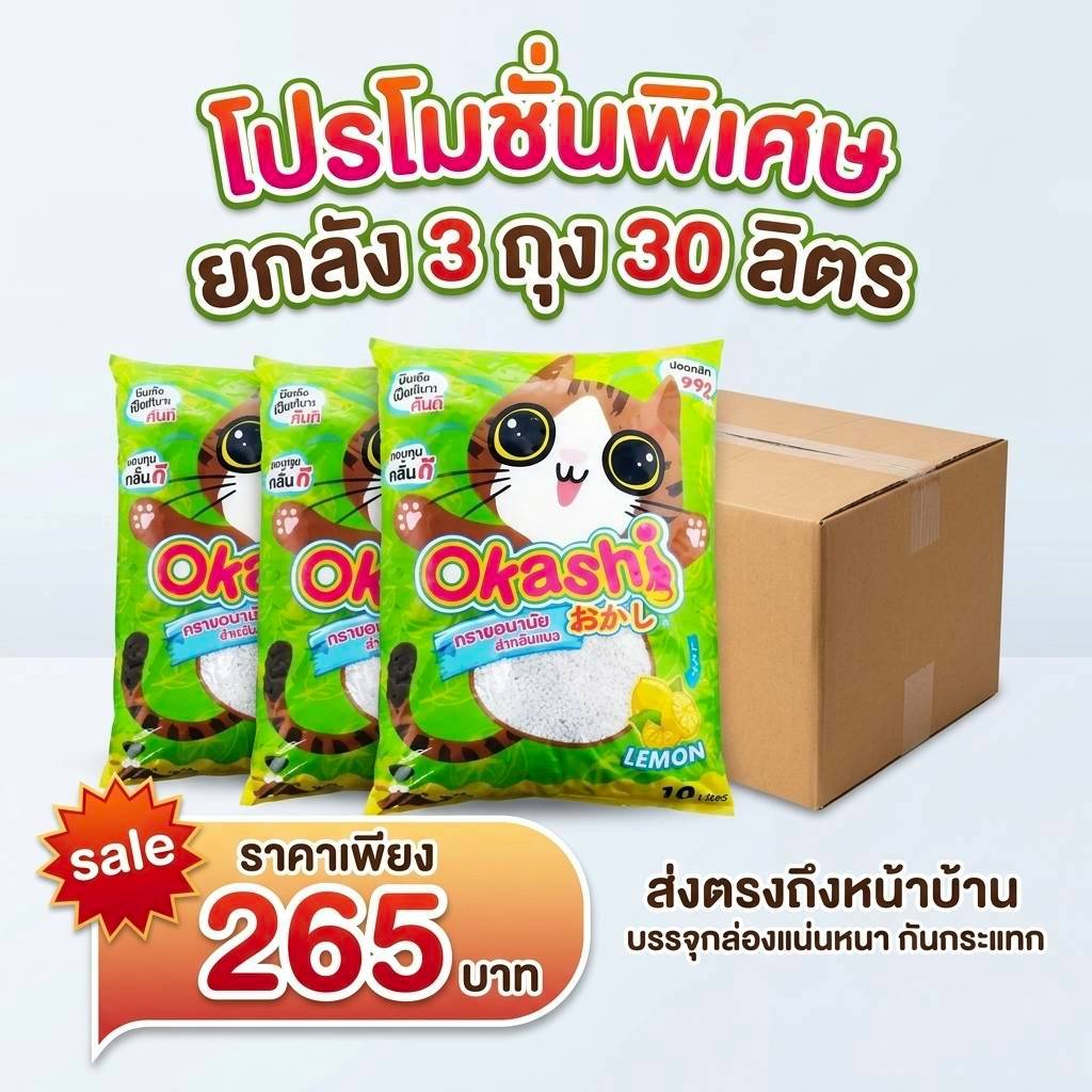 Okashi ทรายแมวกลิ่นมะนาว ขนาด 10 ลิตร 3 ถุง 30 ลิตร สูตรประหยัดทราย 15% (สินค้าบรรจุกล่อง)