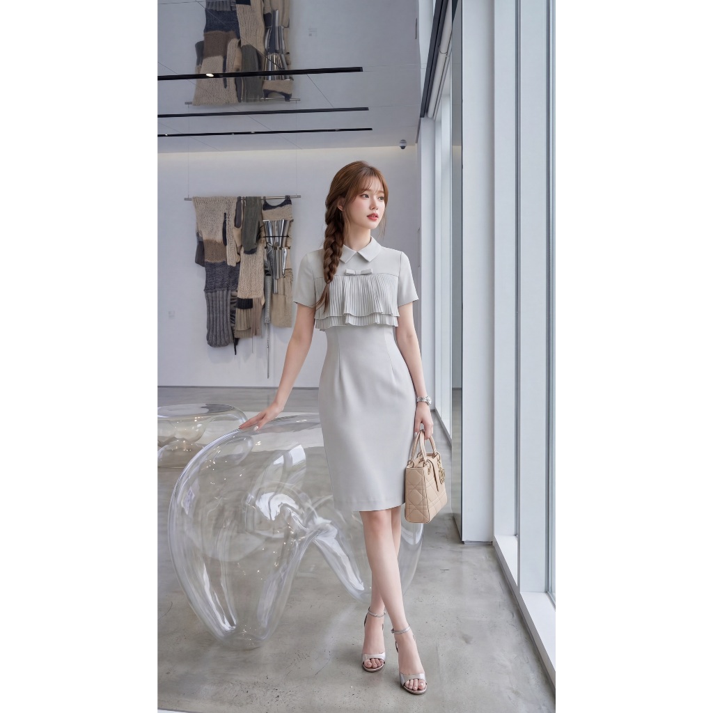 "Romi"Oil" Celeste Dress (Gray) K408 ชุดเดรสสีเทา (ระบายด้านหน้าแต่งโบว์)