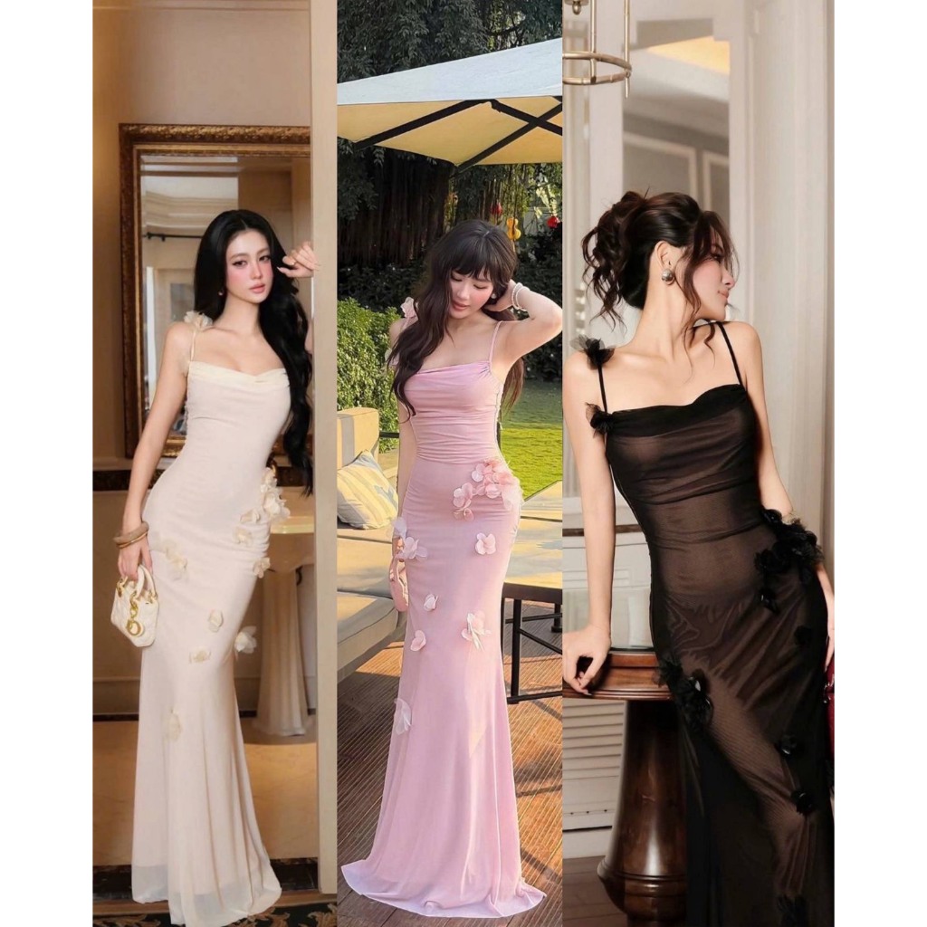TBB Brand: เดรสยาวผ้ายืดนิ่มทิ้งตัว ดีไซต์ปักดอกไม้ 3D