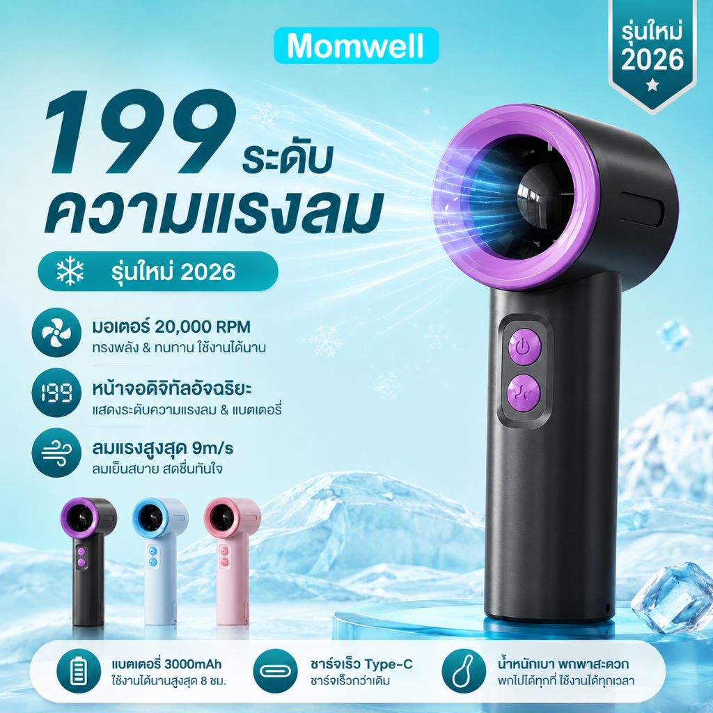 Momwell พัดลมมือถือ พัดลมพกพา พัดลมขนาดเล็ ความเร็ว199 ระดับ ชาร์จ สามารถปรับได้ Mini Fan