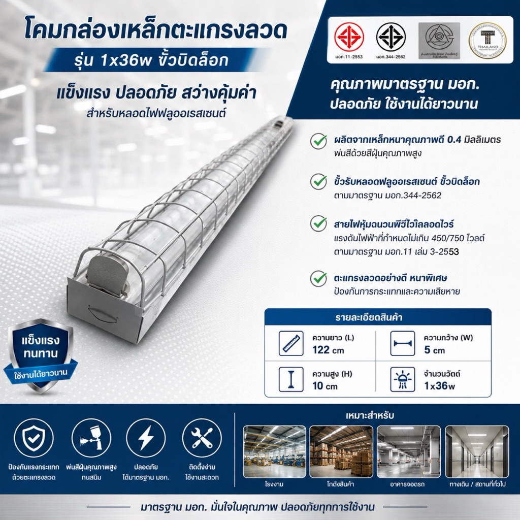โคมกล่องเหล็กตะแกรงลวด1x36w.ขั้วบิดล็อก (สำหรับใส่หลอดยาว)หนาทนทานคุณภาพดี!