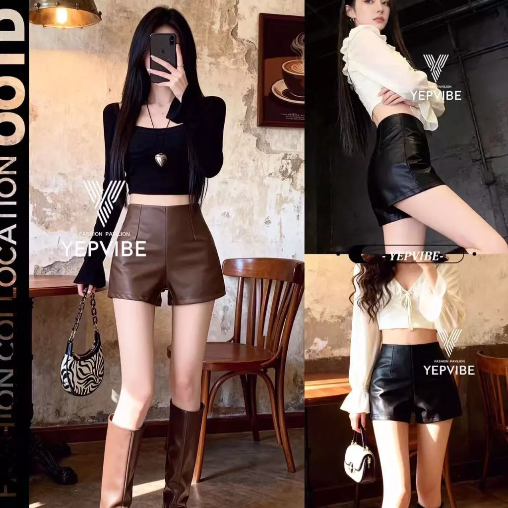 พร้อมส่ง กางเกงหนัง ขาสั้น รัดรูป เอวสูง แฟชั่นสไตล์สาวเท่ เสื้อผ้า Clothing