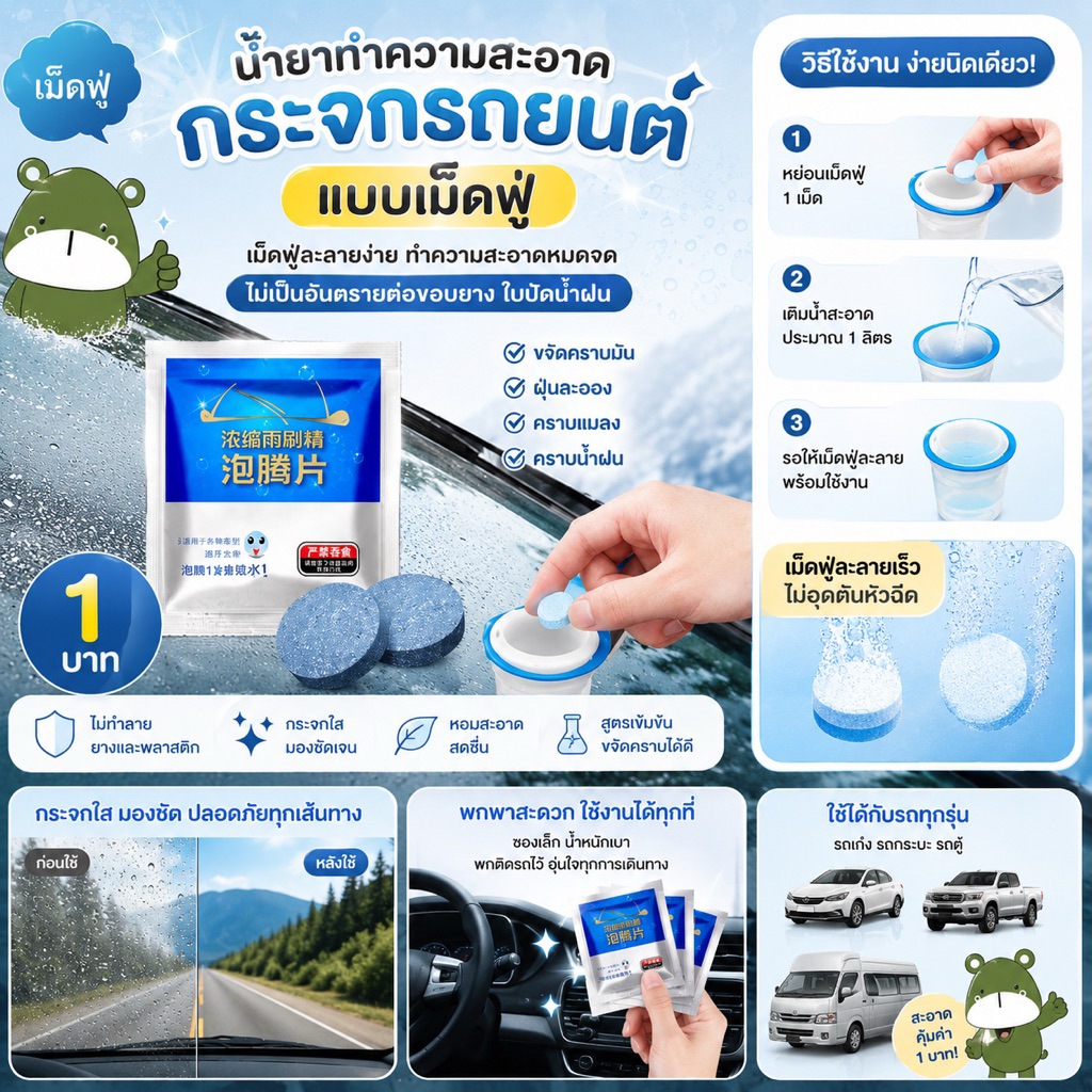 Queen mallshop น้ำยาทำความสะอาดกระจกรถยนต์ แบบเม็ดฟู่