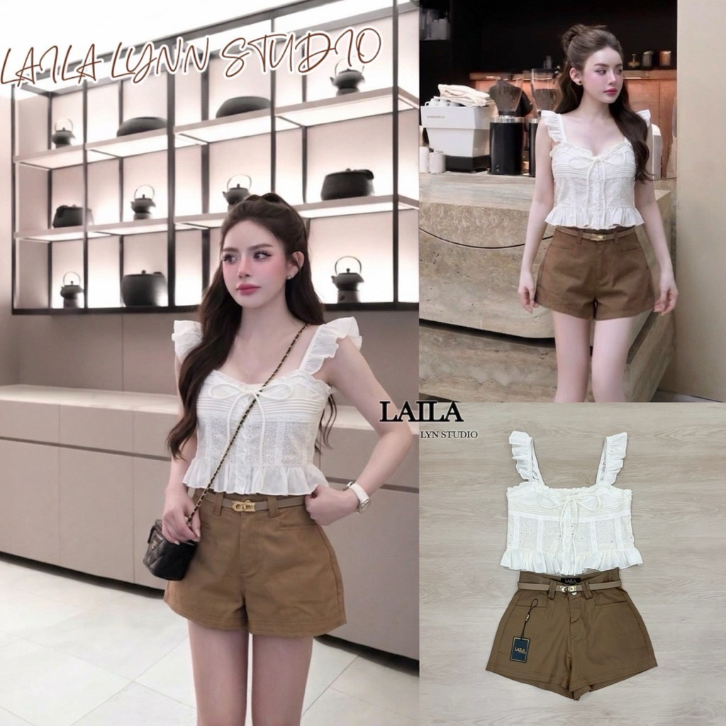 Set เสื้อ+กางเกง+เข็มขัด เสื้อสายเดี่ยวทรงแขนปีก สไตล์น่ารัก