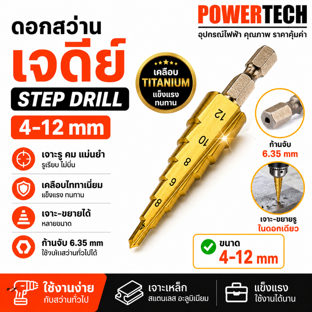 ดอกสว่าน ทรงเจดีย์ เคลือบไททาเนี่ยม เจาะรู ขยายรู  Step Drill 4-12mm