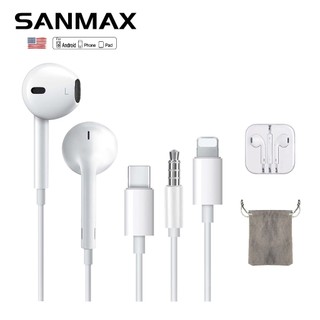 Sanmax หูฟังไม่ต้องใช้บลูทูธ เสียงดี มีไมโครโฟนในตัว อินเตอร์เฟซ 3.5mm Typec ฟซสายฟ้า สำหรับ ios Android